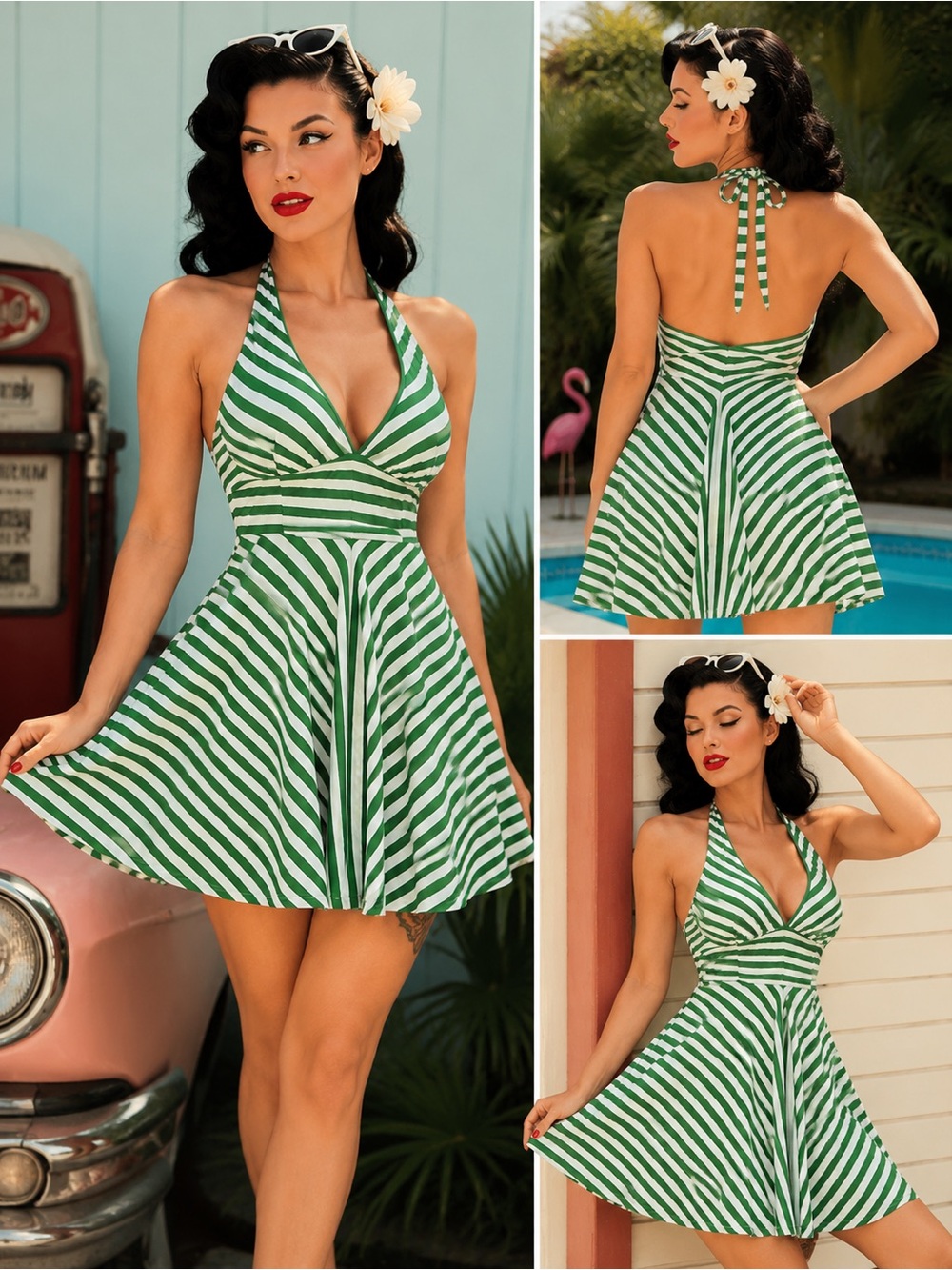 Y2K Green Stripe Halter Babydoll Mini Dress Cottage Pinup Retro M/L